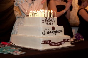 Shakespeare's cake from his 2011 birthday bash. Not quite as many candles as his age... Photo credit: Boleyn Photography